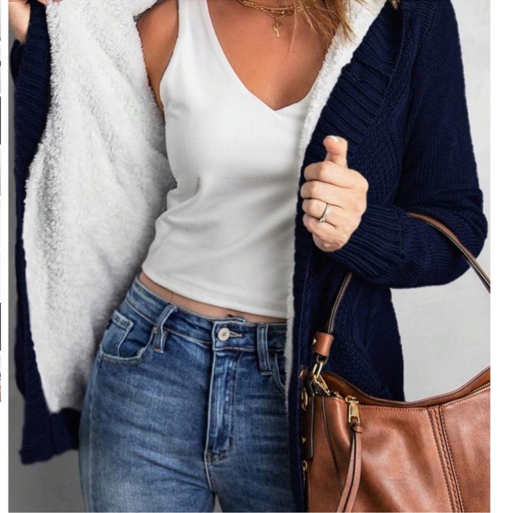 Cozy Teddy Lined Navy Blue Cable Knit Hoodie Cardigan Jacket Shacket XS S M L XL